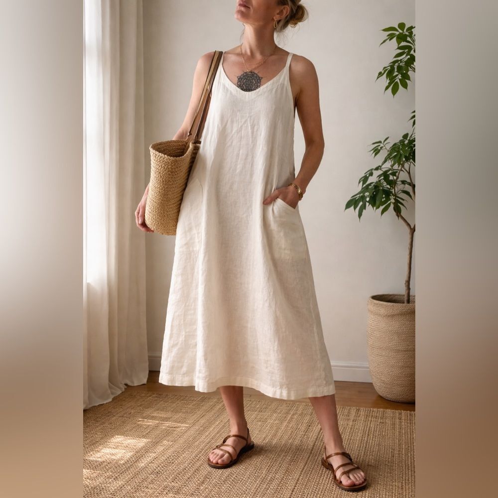 Artemesia 100% Linen Midi Dress S Cream Minimalist Slip Pockets Made in USA